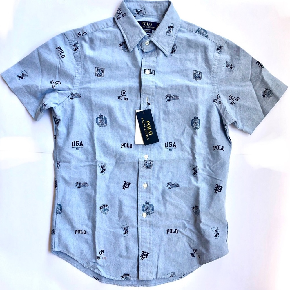 Polo Ralph Lauren Men's Multi Iconic Logos Classic Fit Shirt, Blue, XS